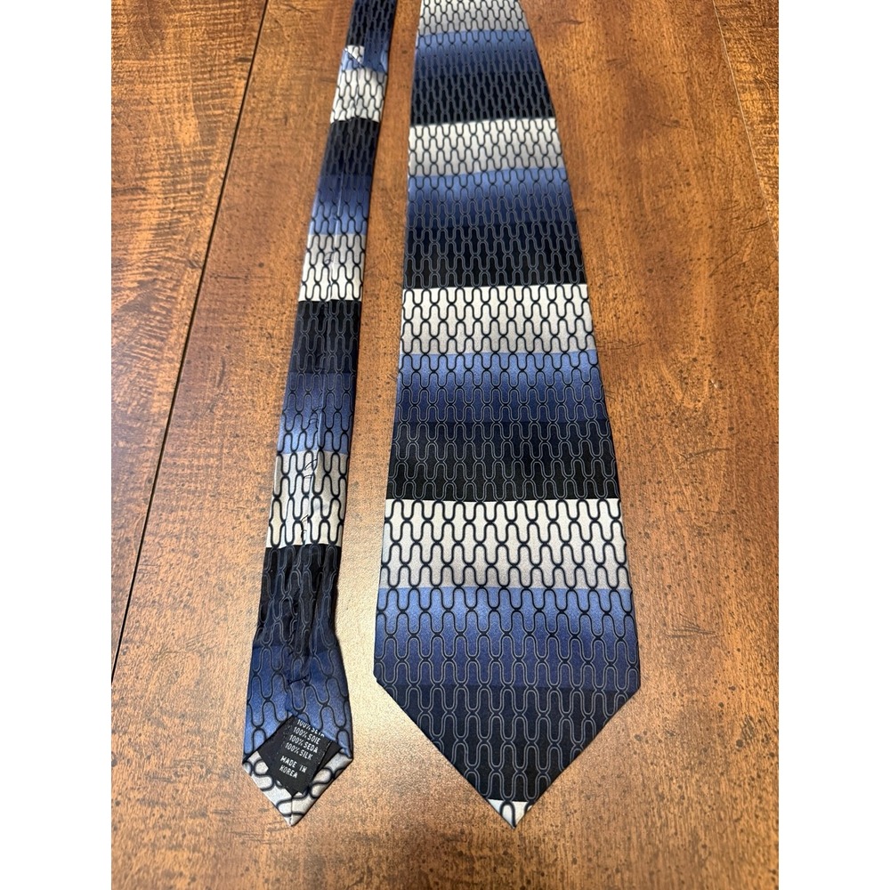 Bergamo New York Men's Pure Silk Tie Black Gray Blue Cream Stripe Handmade Korea